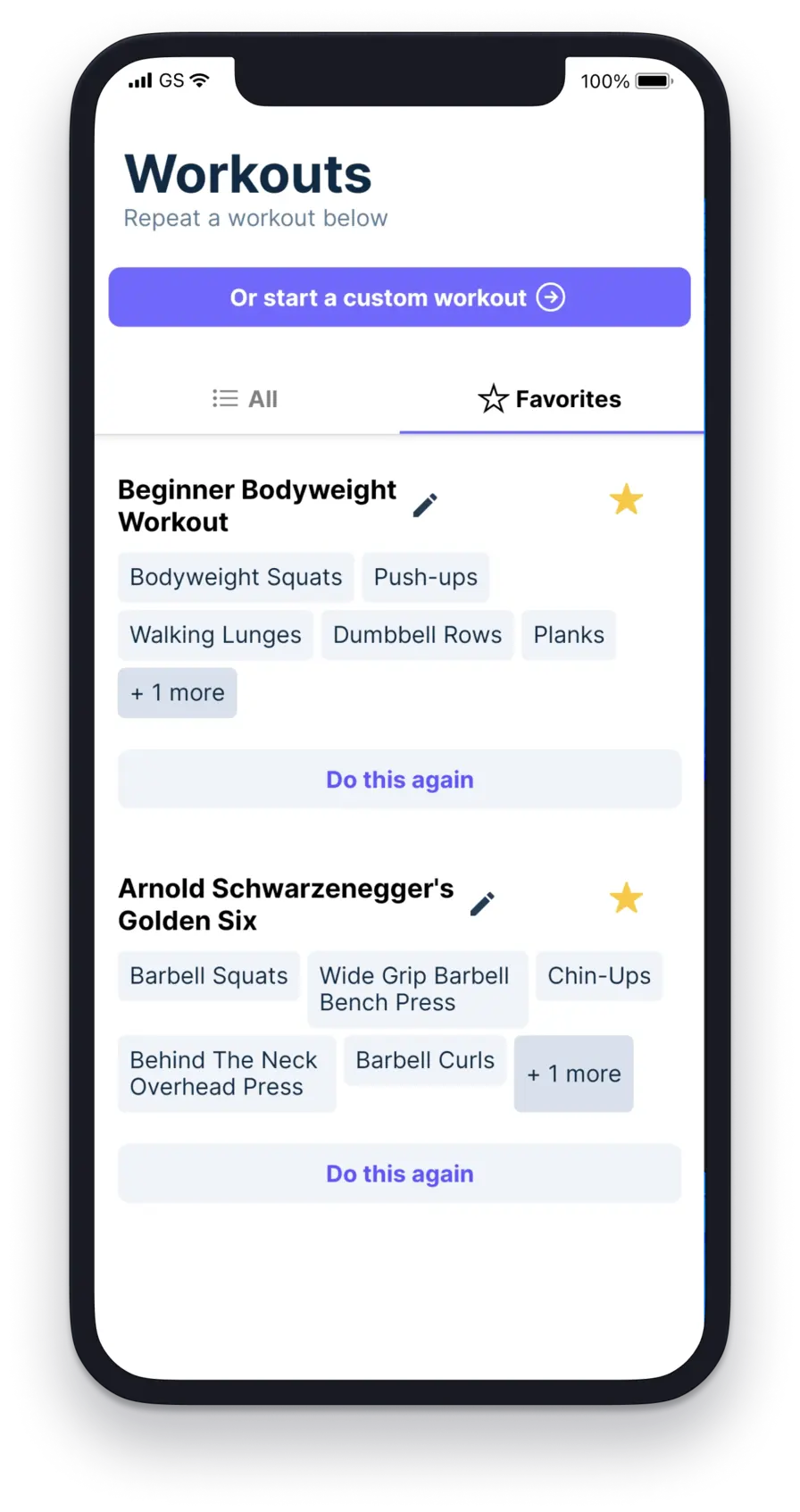Workouts screen image