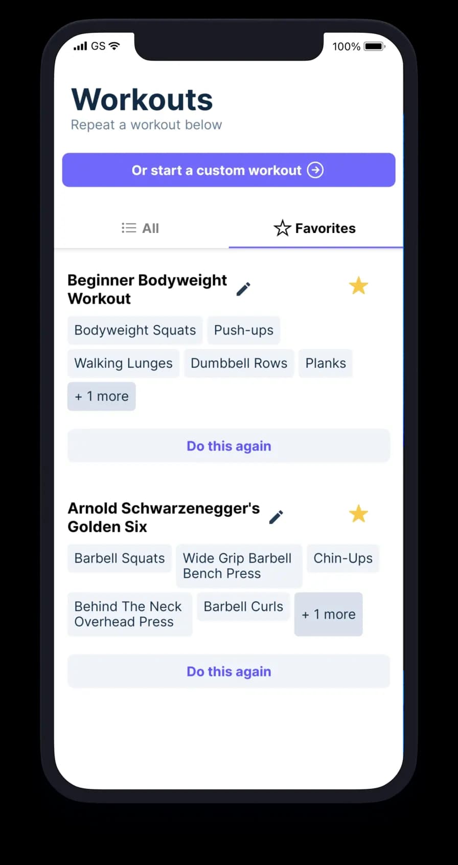 Workouts screen image